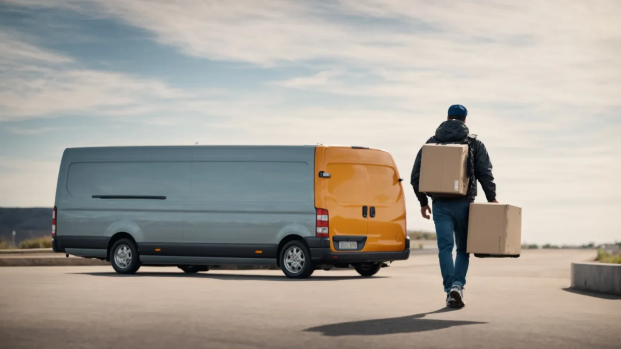 a delivery person strides toward a van, holding a package under a bright sky.