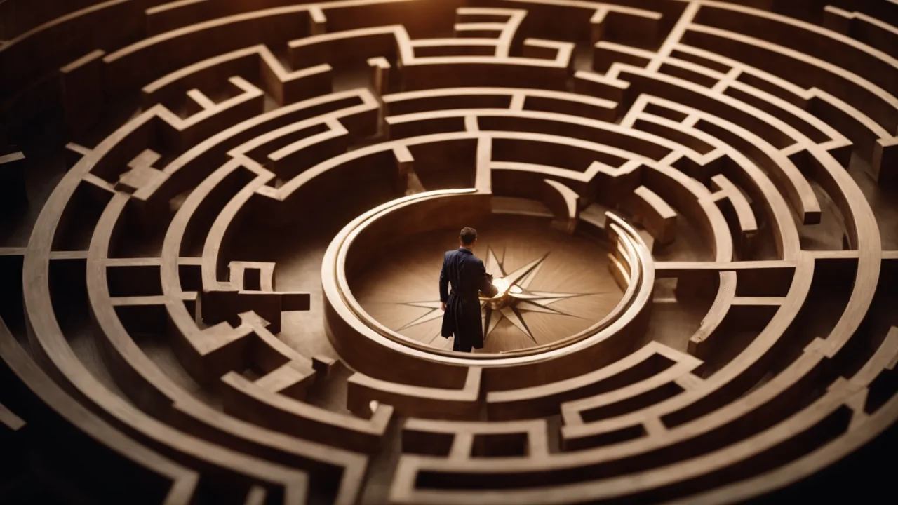 a person in a maze holding a compass, looking towards an exit where a gavel and legal scales are illuminated.