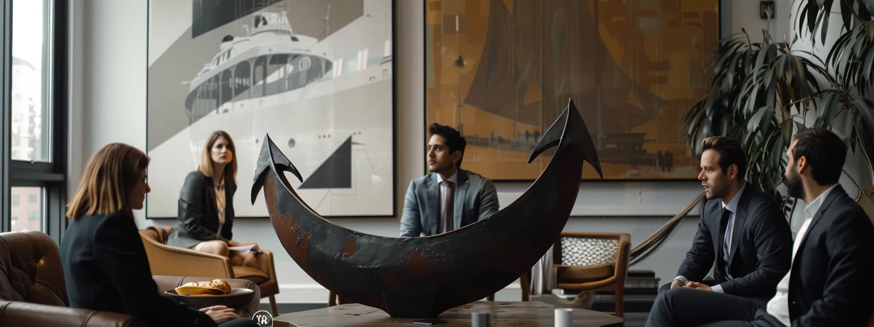group of business professionals in a meeting with a large anchor sculpture, symbolizing the benefits and success tied to new york culinary arts education.