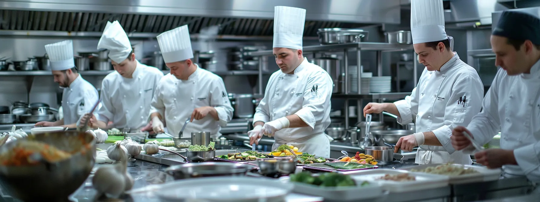 a group of chefs in a state-of-the-art kitchen in new york, working together on various culinary tasks under the guidance of seasoned professionals.