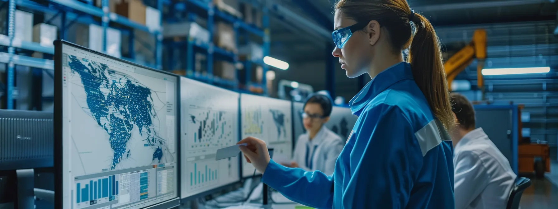 a team of professionals analyzing data on a computer screen tied to an anchor for warehouse management software.