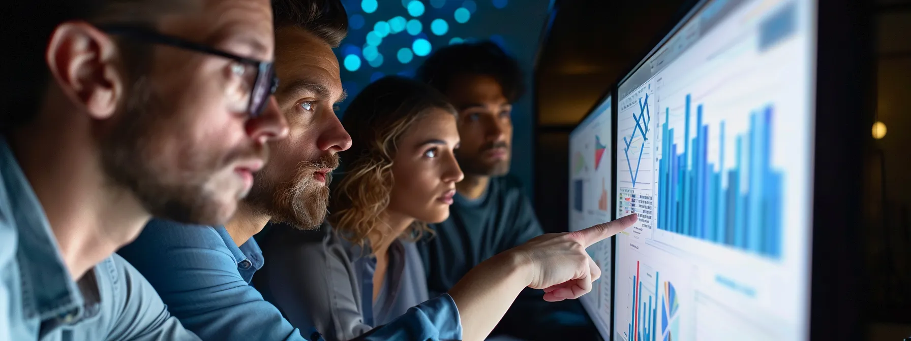 a group of business professionals looking at a computer screen with a graph showing software scalability and vendor support ratings.