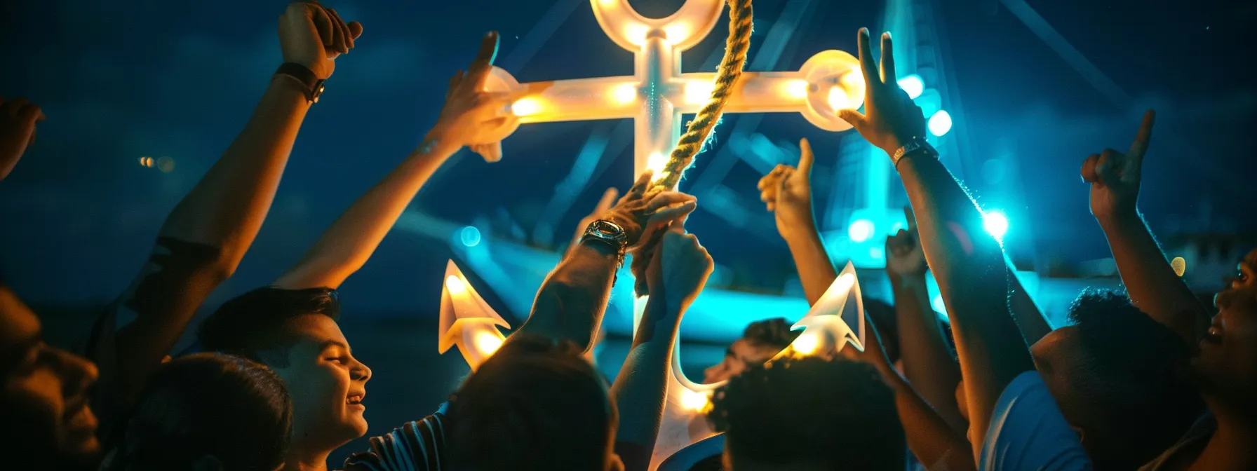 a group of middle school students eagerly reaching towards a bright, illuminated anchor symbolizing scholarships.