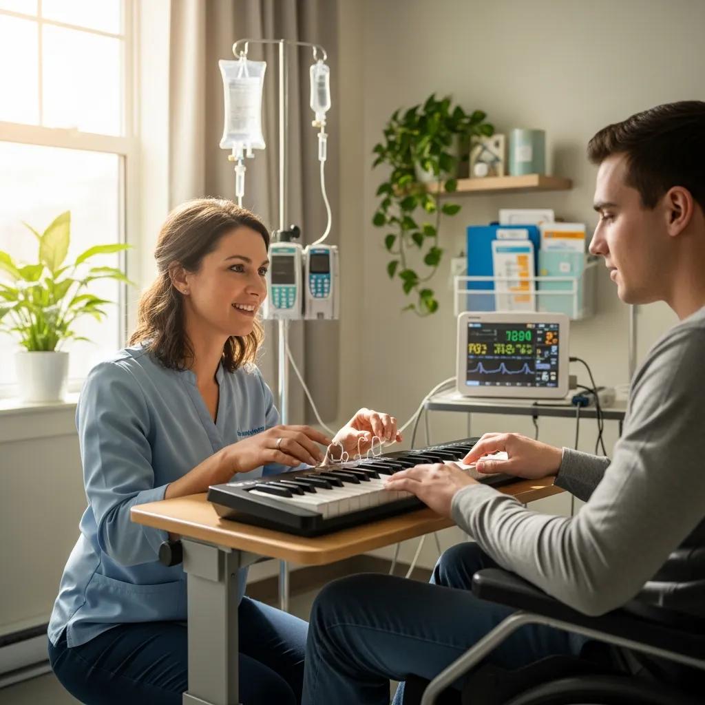 Music therapist assisting a patient in a hospital environment