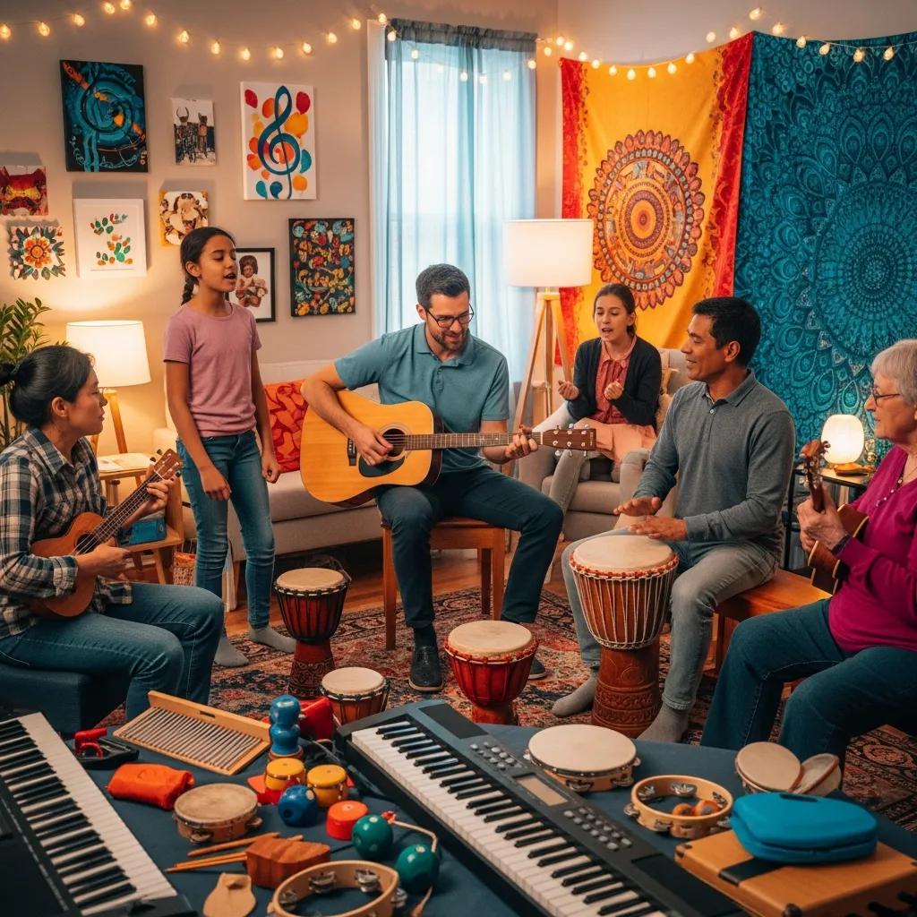 Music therapist engaging clients in a therapeutic session with instruments