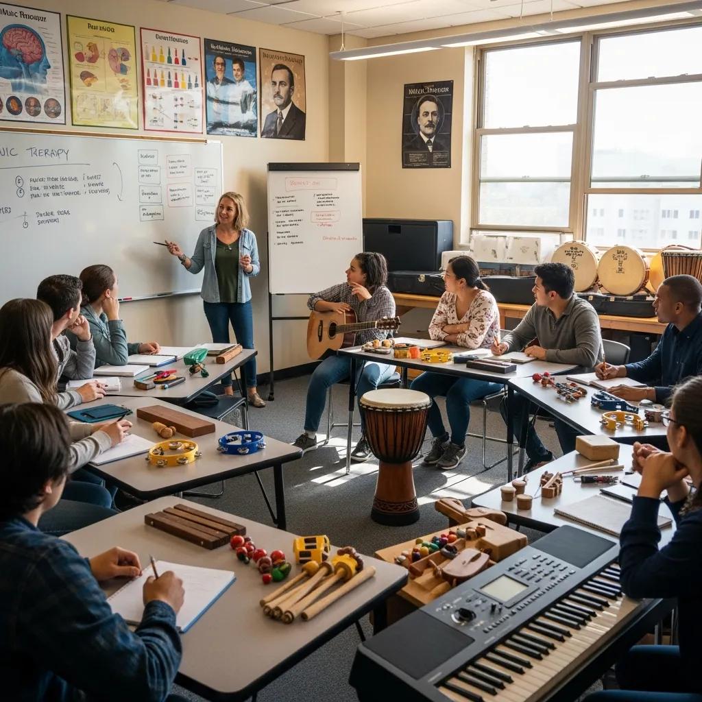Students learning music therapy techniques in a classroom setting
