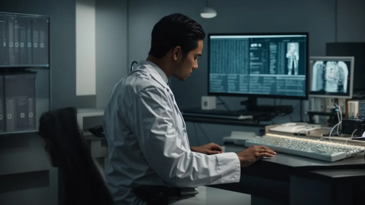 a doctor stands in front of a computer screen displaying digital medical records, with a robot assistant typing on the keyboard.