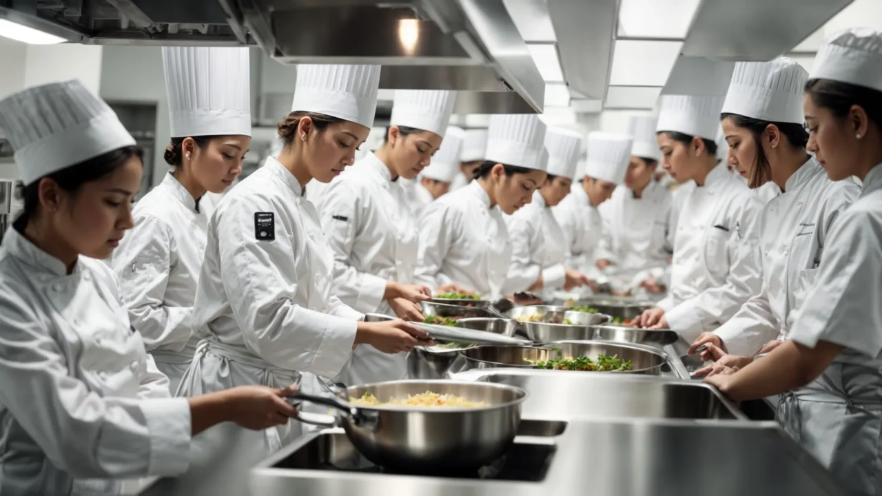 a group of culinary students in white chef uniforms are attentively practicing their cooking skills in a professional kitchen environment filled with stainless steel appliances.