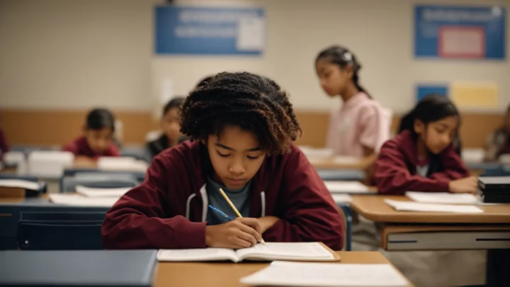 a middle school student sits at a desk, concentrating on a computer where they are filling out scholarship applications.
