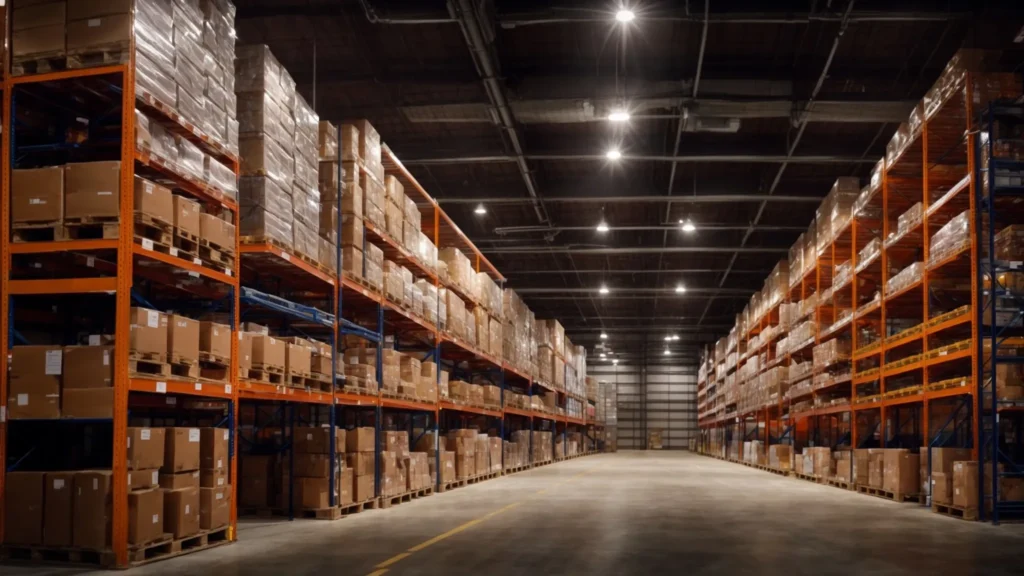 rows of warehouse shelves stocked with boxes under bright lights, with a digital tablet showing graphs and charts resting on a nearby pallet.