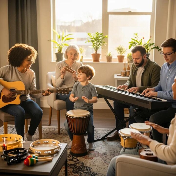 Diverse group participating in a music therapy session with instruments, highlighting the healing power of music