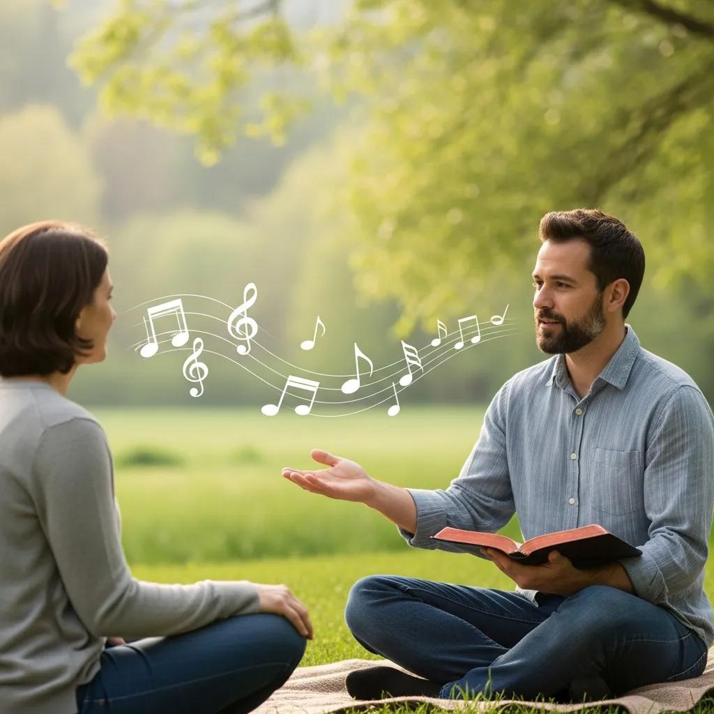 Music therapist and client discussing faith and healing outdoors, integrating spirituality into therapy