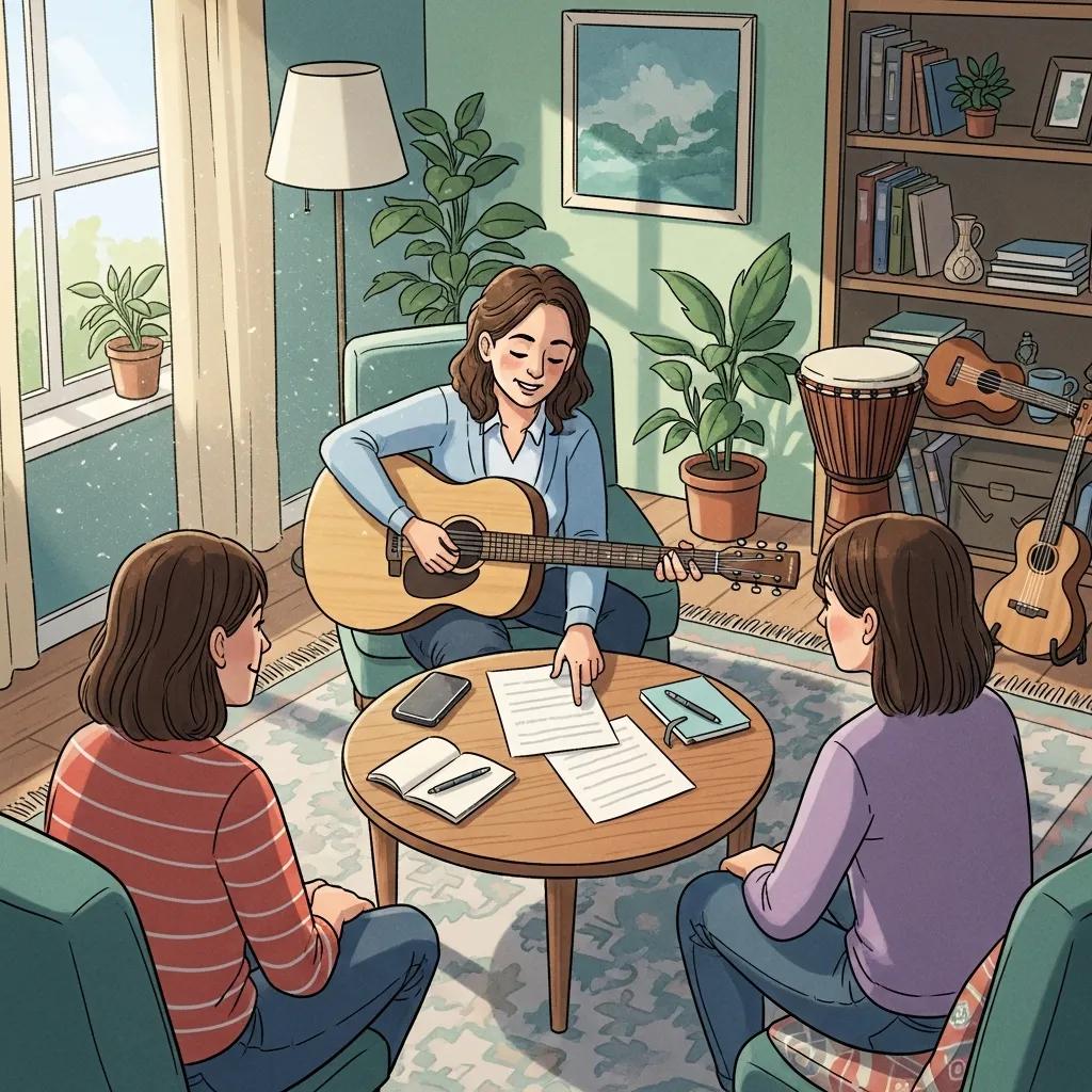 Music therapist assisting a client in songwriting, showcasing the creative process in therapy